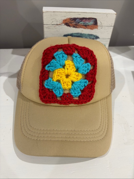 None Accessories - Beige Trucker Hat with Red, Blue, and Yellow Crochet Granny Square